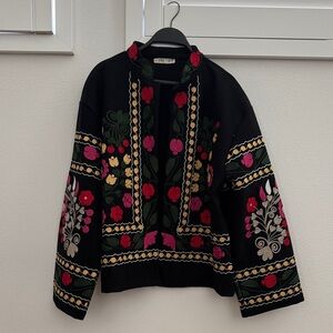 Floral Embroidered Black Blazer